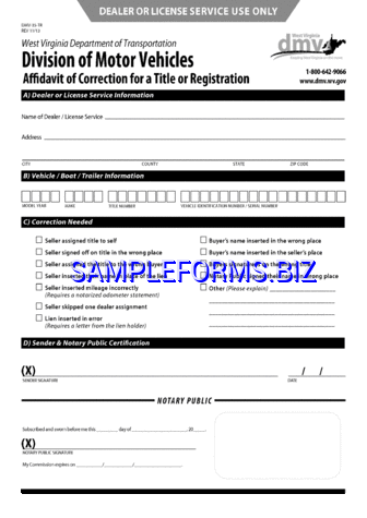 West Virginia Affidavit of Correction for a Title or Registration Form