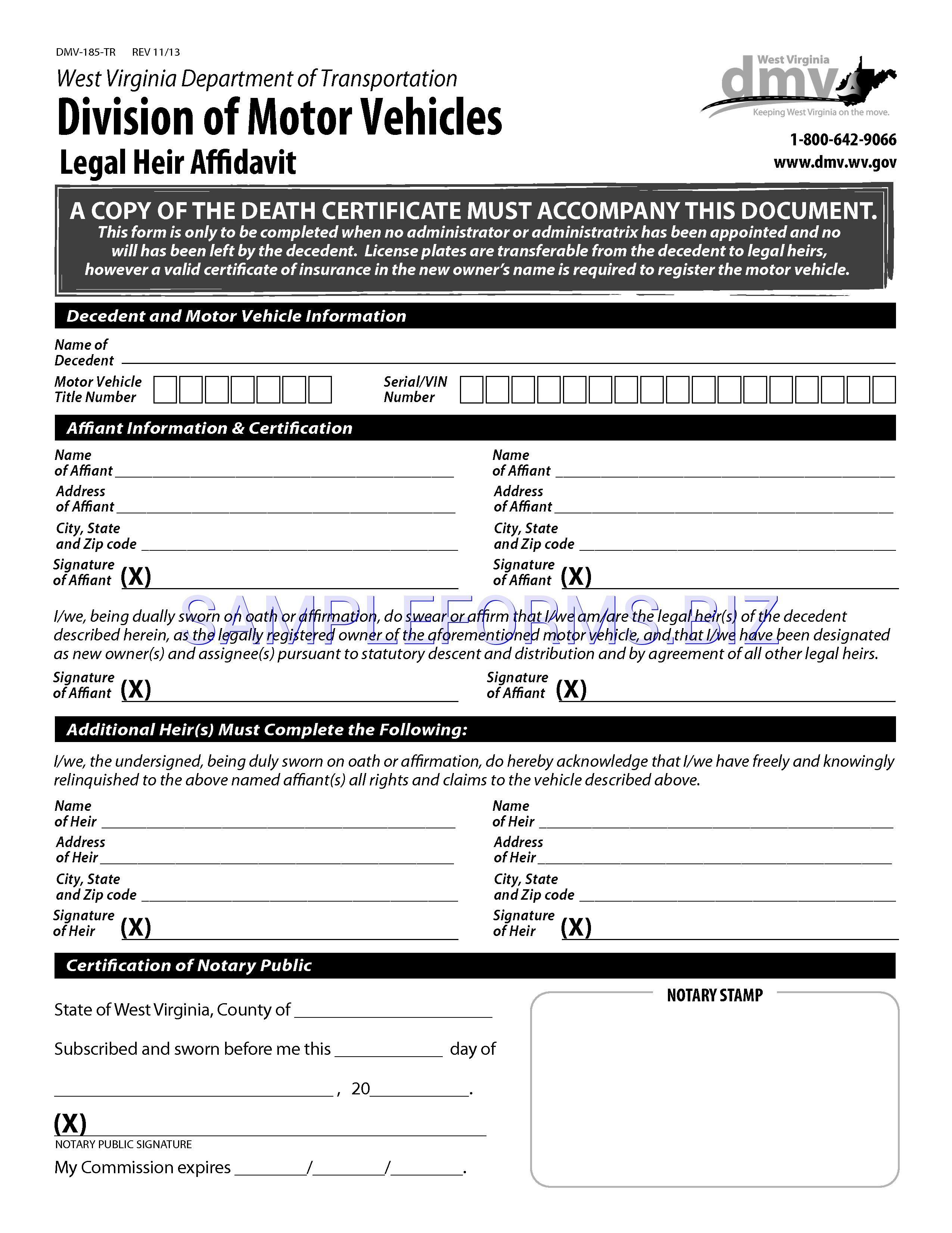 Preview free downloadable West Virginia Legal Heir Affidavit Form in PDF (page 1)