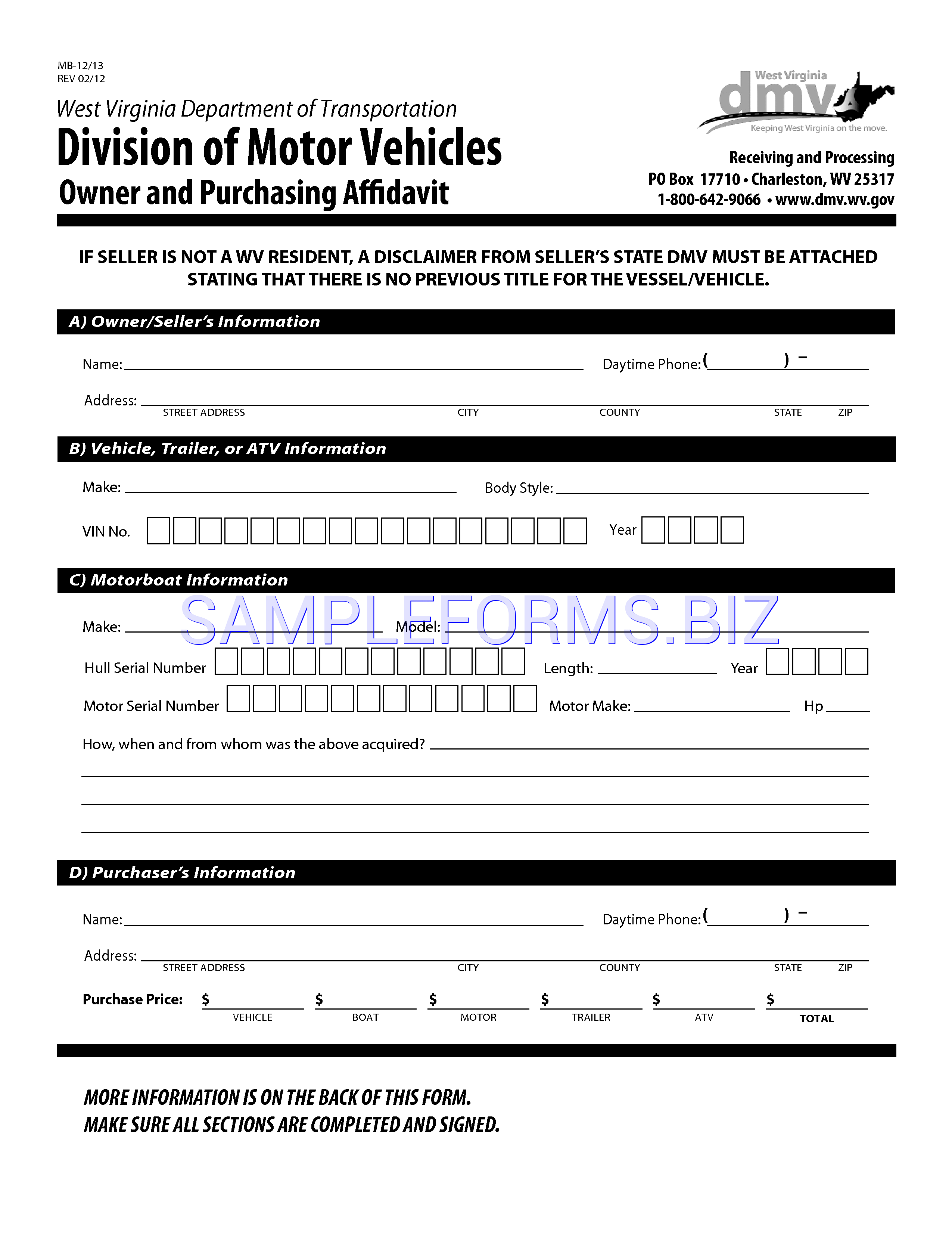 Preview free downloadable West Virginia Owner and Purchasing Affidavit Form in PDF (page 1)