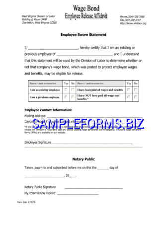 West Virginia Wage Bond Employee Release Affidavit Form pdf free